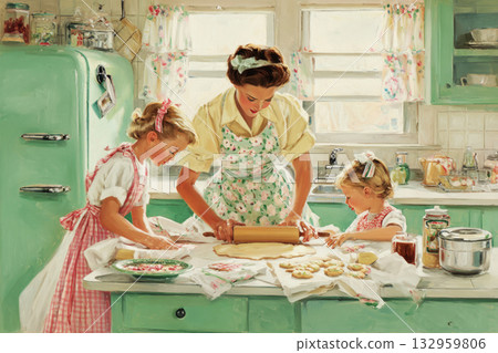 In a cheerful 50s kitchen, two women and a young girl roll out cookie dough. Flour covers the table as they bond over holiday baking, creating Christmas treats with love 132959806