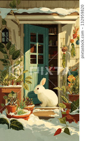 A snowy porch captures a cozy 50s Christmas atmosphere. A white rabbit sits among festive decorations, with orange pumpkins and greenery adding to the winter charm 132959820