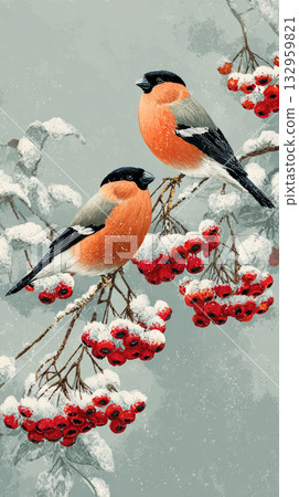 Two beautiful bullfinches sit on a snowy branch, surrounded by bright red berries. This retro scene captures the warmth of Christmas during the 50s and 60s 132959821