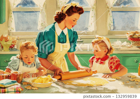 In a cheerful 50s kitchen, two women and a young girl roll out cookie dough. Flour covers the table as they bond over holiday baking, creating Christmas treats with love 132959839