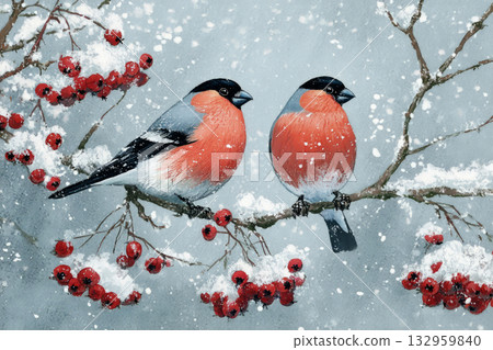 Two beautiful bullfinches sit on a snowy branch, surrounded by bright red berries. This retro scene captures the warmth of Christmas during the 50s and 60s Two beautiful bullfinches sit on a snowy branch, surrounded by bright red berries. This retro scene captures the warmth of Christmas during the 50s and 60s 132959840