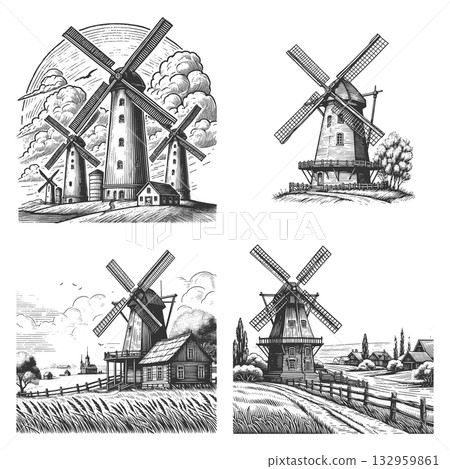 Windmills engraving set vector collection 132959861