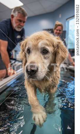 A golden retriever walks carefully on an underwater treadmill during rehabilitation. A trainer provides gentle support to help the dog with its exercise routine 132959882