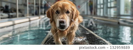 Golden Retriever carefully walks on an underwater treadmill, receiving gentle guidance from a trainer. The bright facility provides a calm environment for rehabilitation therapy 132959889