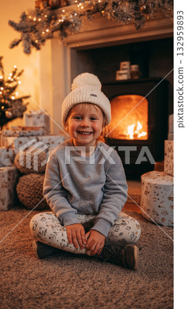 A baby wearing a knitted hat is surrounded by wrapped gifts and shiny ornaments, enjoying the festive atmosphere in a warm, decorated living room during the holidays 132959893