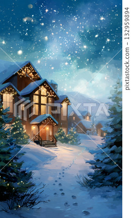 A beautiful mountain chalet stands aglow with warm lights at night, surrounded by snow-covered trees and a peaceful winter landscape. A pathway leads through the snow 132959894