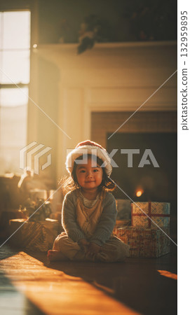 A young child sits in front of a warm fireplace, excitedly unwrapping a holiday gift surrounded by colorful presents, creating a festive atmosphere in a cozy room 132959895