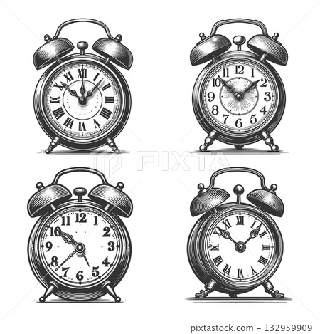 Classic Alarm Clocks engraving vector collection 132959909