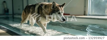 Husky leaps into a small indoor pool, splashing water everywhere. The scene captures the dog's excitement and energy during fun fitness activities 132959927