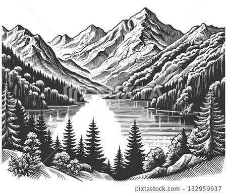 Scenic Alpine Lake with Mountain Village raster 132959937