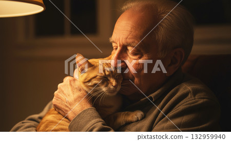 Elderly rural man embracing his cat. Tenderness and affection 132959940