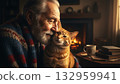 Elderly rural man embracing his cat. Tenderness and affection 132959941