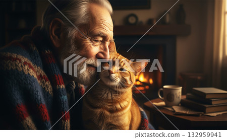 Elderly rural man embracing his cat. Tenderness and affection 132959941