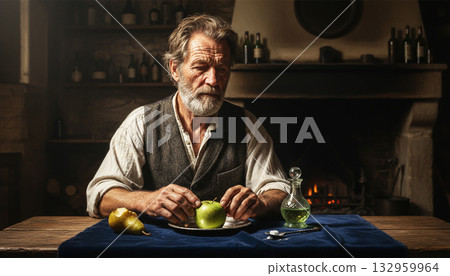 Elderly rural man in the kitchen eating fruit 132959964