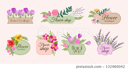 Floral labels. Decorative badges with floral design elements recent vector logotype for flowers boutique shop Floral labels. Decorative badges with floral design elements recent vector logotype for flowers boutique shop 132960042