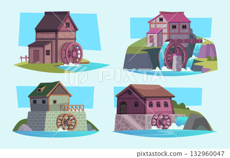 Watermill. Wooden old style houses with wheels preparing flour for bread exact vector building illustration in cartoon style 132960047