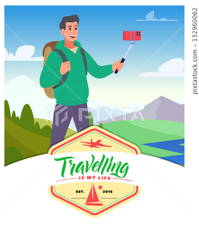 Selfie. traveller making photo on beauty outdoor landscape with big mountains 132960062