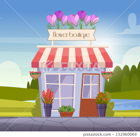 Flower boutique. outdoor background with flower market with big ads on roof 132960069
