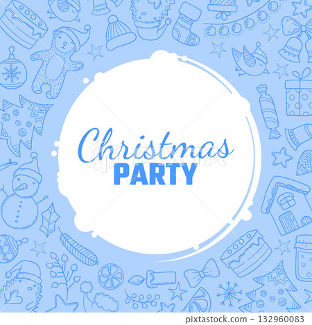 Christmas party. invitation placard for celebration new year. circle form template with doodle christmas illustrations Christmas party. invitation placard for celebration new year. circle form template with doodle christmas illustrations 132960083
