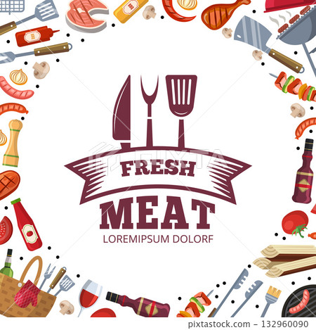 BBQ. circle form poster for butchery market. vector template bbq pictures 132960090