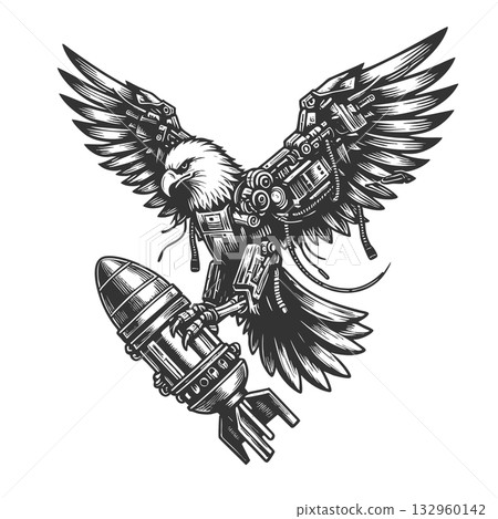 Cybernetic Eagle Holding Missile engraving raster 132960142