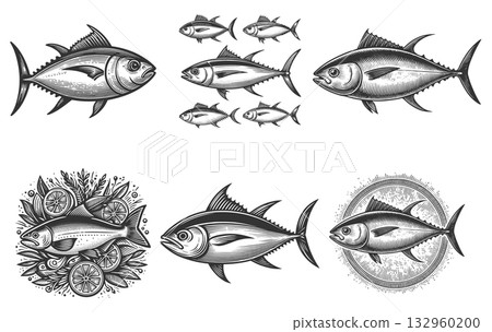 Tuna Fish engraving set raster collection 132960200