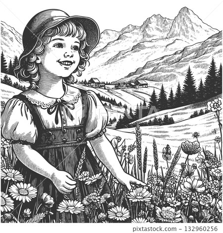 Girl on Alpine Mountain Meadow engraving raster 132960256