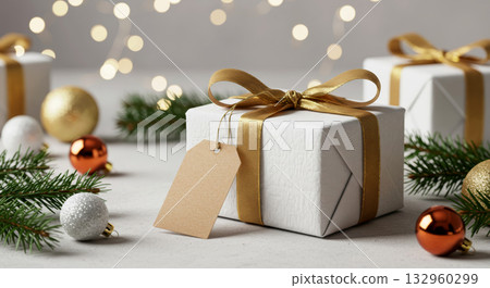 White and gold Christmas gift with a blank tag, surrounded by fir branches and metallic ornaments on a bokeh background. 132960299