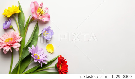 Spring flowers with water drops on white background. A fresh tribute to women holidays and seasonal beauty. 132960300