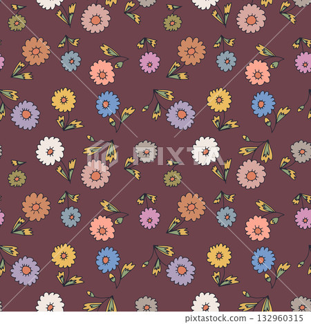 Ditsy floral seamless pattern on burgundy background. Hand drawn vintage backdrop with tiny daisy flowers Ditsy floral seamless pattern on burgundy background. Hand drawn vintage backdrop with tiny daisy flowers 132960315