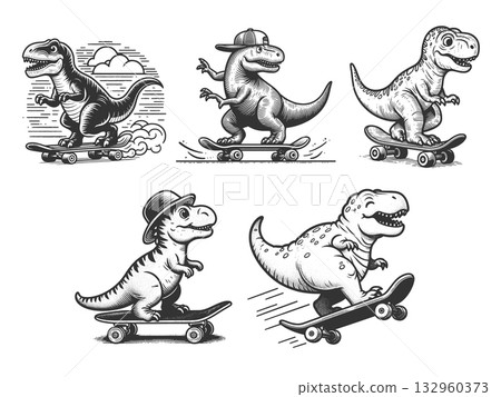 Skateboarding Dinosaurs set vector collection 132960373