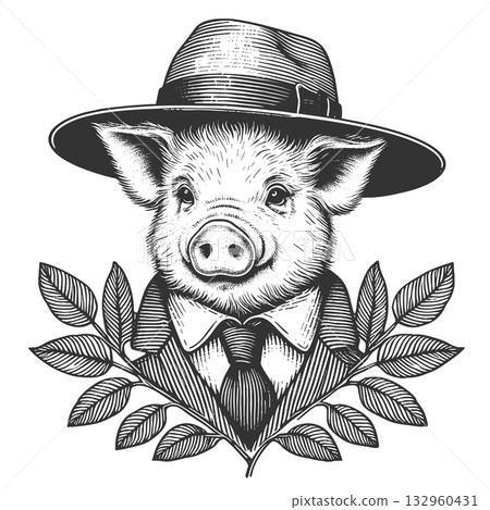 Pig in Hat engraving vector illustration 132960431