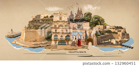 View of old building with windows, balconies in city. Republic of Malta, the picturesque city Valetta, Malta. Art Collage or disign View of old building with windows, balconies in city. Republic of Malta, the picturesque city Valetta, Malta. Art Collage or disign 132960451