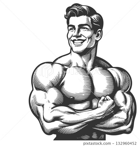 Smiling muscular man with crossed arms engraving Smiling muscular man with crossed arms engraving 132960452