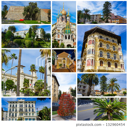 Sanremo, Italy - Facade of building at central street of Sanremo with palms 132960454