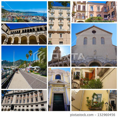 Collage of old building at old town at Salerno at Italy 132960456