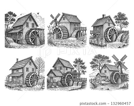Old Watermills and Windmills set vector collection 132960457