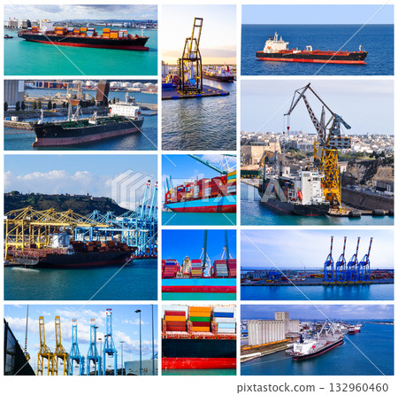 A collage of photos about cargo shipping theme. Industrial container cargo freight ship for import or export in port. A collage of photos about cargo shipping theme. Industrial container cargo freight ship for import or export in port. 132960460