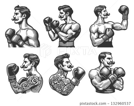 Boxer engraving set vector collection 132960537