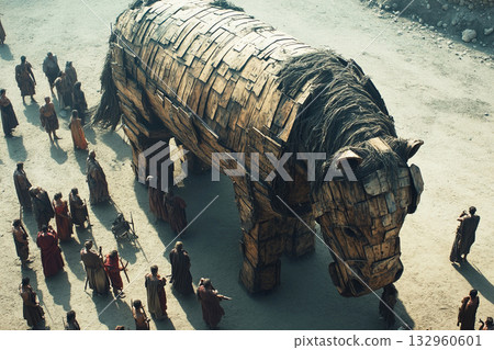 Trojan War depicted with massive wooden horse and warriors gathering around 132960601