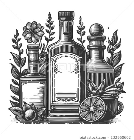 Apothecary Bottles with Herbs and Citrus raster 132960602