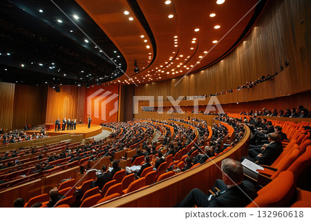 International representatives gather for discussion in a large hall during a global meeting event International representatives gather for discussion in a large hall during a global meeting event 132960618