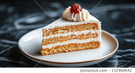 Delicious dessert cake slice served on a white plate for a sweet treat. Header banner mockup with copy space. 132960642