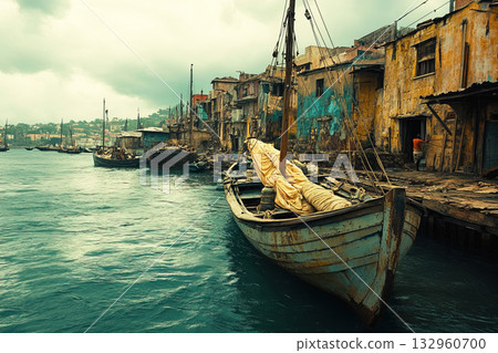 Slave market port with ships and historical waterfront structures 132960700