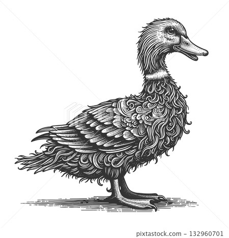 Duck with Ornate Feathers engraving raster 132960701