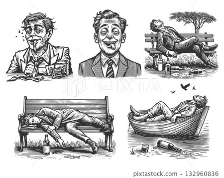 Drunk Men Passed Out engraving raster collection 132960836