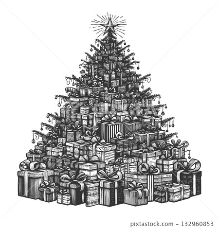 Decorated Christmas Tree with Gifts engraving Decorated Christmas Tree with Gifts engraving 132960853