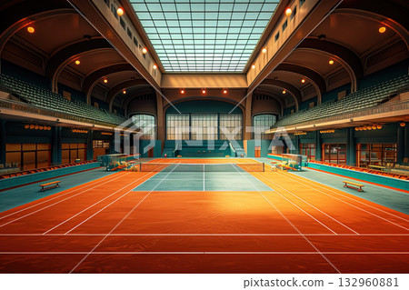 Aerial view of an indoor tennis court designed for high stakes competitions 132960881