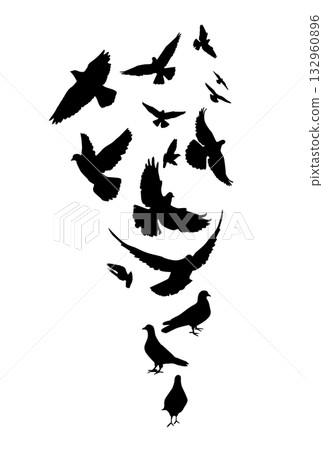 Flying pigeons birds silhouettes on white background. Vector illustration. isolated bird flying. tattoo design. Flying pigeons birds silhouettes on white background. Vector illustration. isolated bird flying. tattoo design. 132960896