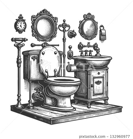 Vintage Ornate Toilet with Classic Bathroom Decor 132960977
